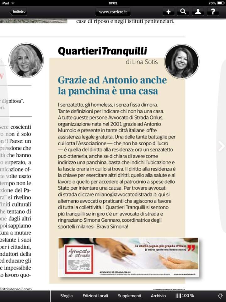 Sette Magazine: “Grazie ad Antonio anche la panchina è una casa”